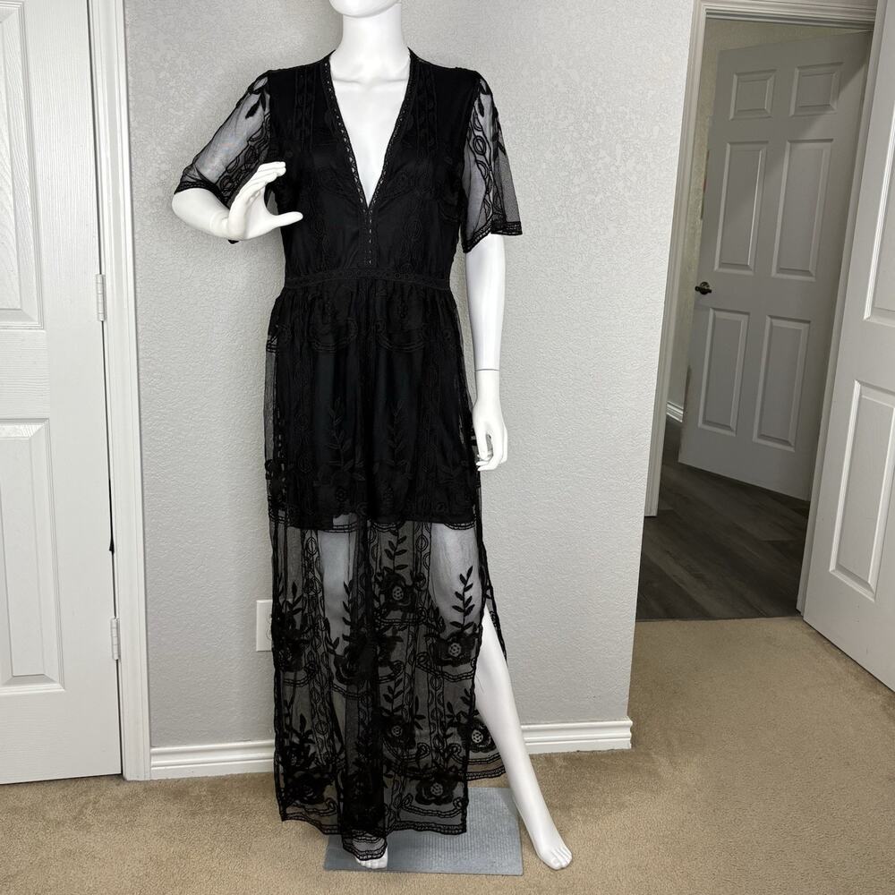 Women's Maxi Dress Romper Embroidered Lace Dark Romantic Whimsigoth Black Size L